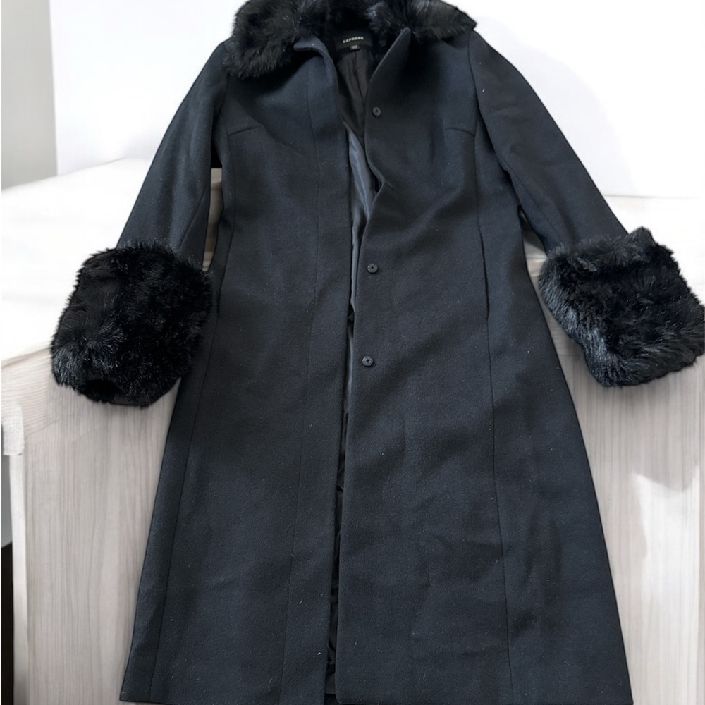 Express Black Trench Coat with Fur Trim